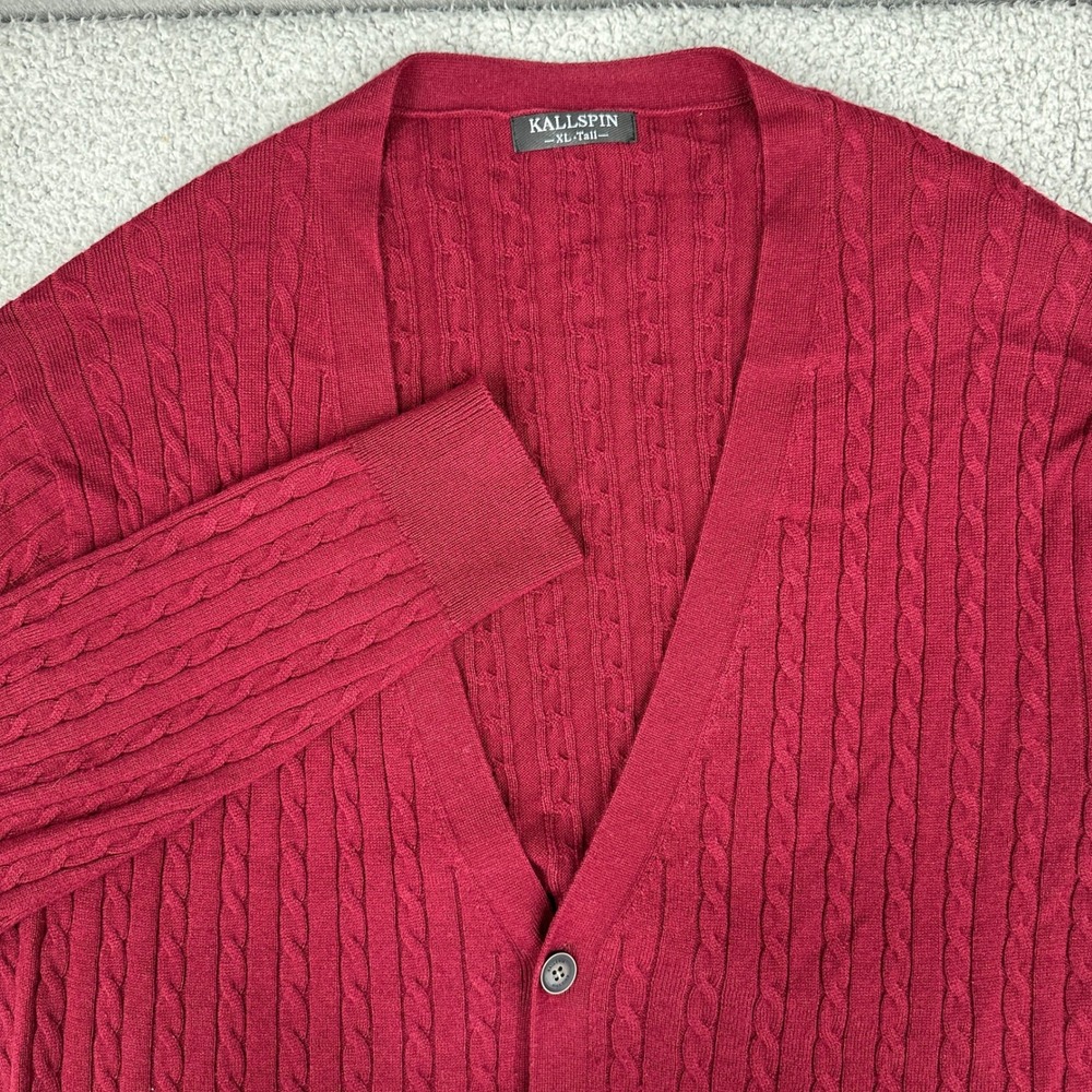 Kallspin Cardigan Sweater Mens‎ XL Tall Burgundy Cable Wool Knit Classic Grandpa